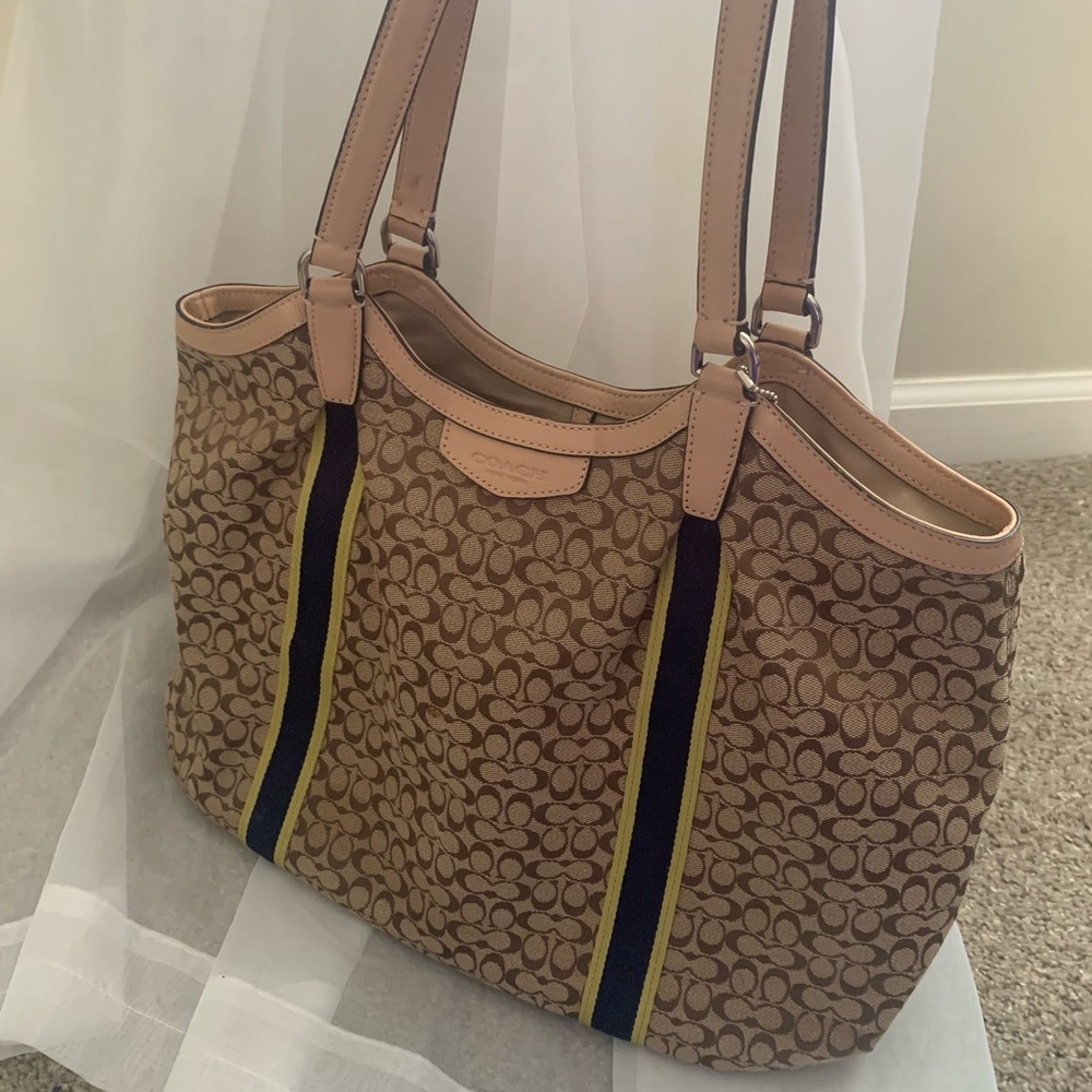 Coach Tan Navy Green Logo Satchel Beige Leather Signature Tote Shoulder Bag